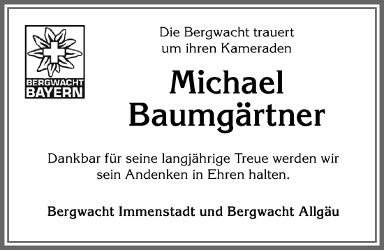 Traueranzeige von Michael Baumgärtner von Allgäuer Anzeigeblatt