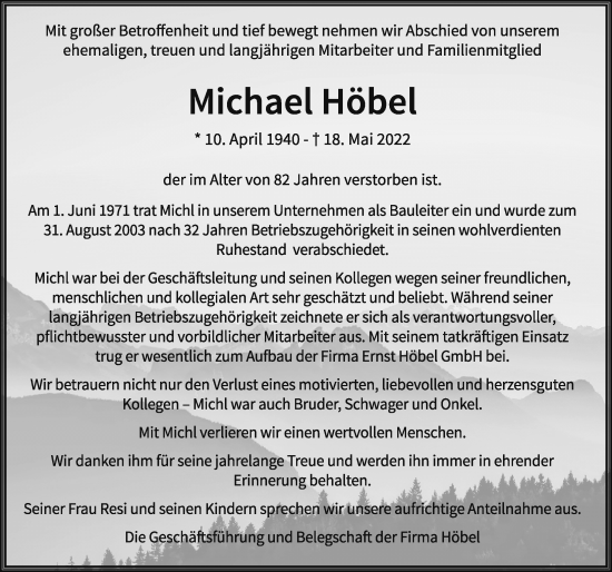 Traueranzeige von Michael Höbel von Allgäuer Zeitung, Marktoberdorf