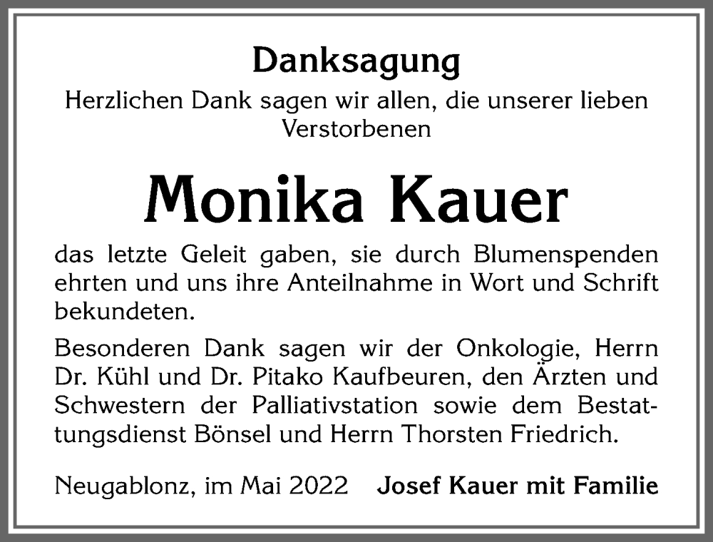  Traueranzeige für Monika Kauer vom 07.05.2022 aus Allgäuer Zeitung, Kaufbeuren/Buchloe