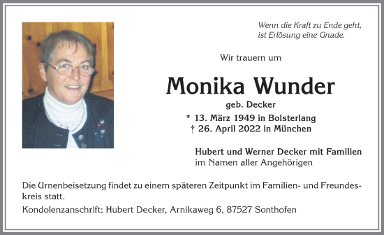 Traueranzeige von Monika Wunder von Allgäuer Anzeigeblatt