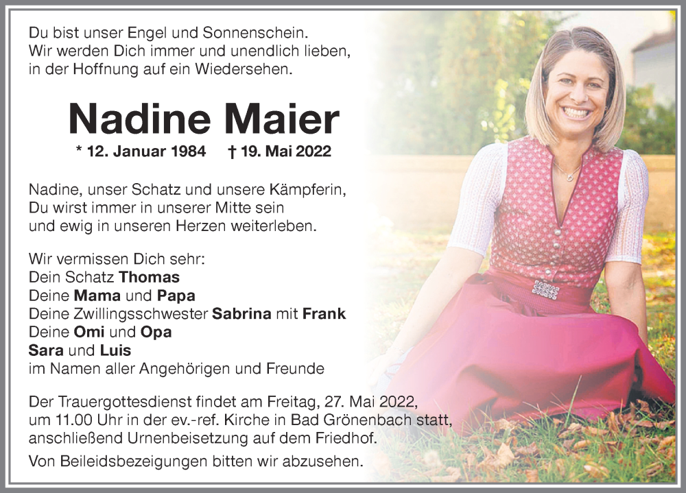  Traueranzeige für Nadine Maier vom 24.05.2022 aus Memminger Zeitung