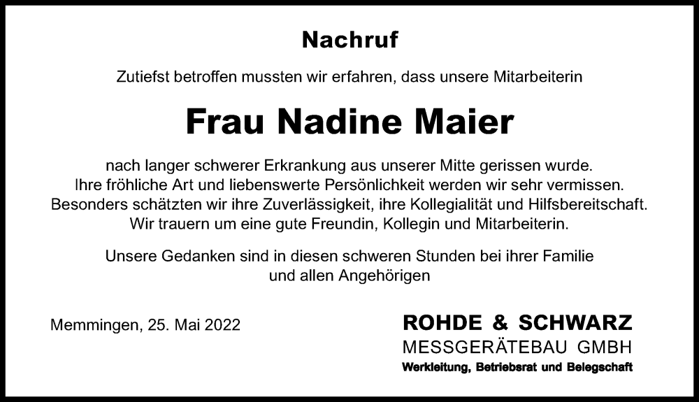  Traueranzeige für Nadine Maier vom 25.05.2022 aus Memminger Zeitung