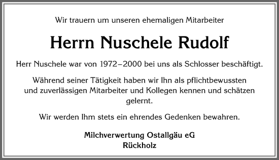 Traueranzeige von Nuschele Rudolf von Allgäuer Zeitung, Marktoberdorf
