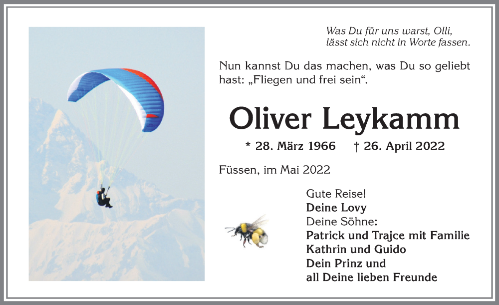 Traueranzeige für Oliver Leykamm vom 04.05.2022 aus Allgäuer Zeitung, Füssen