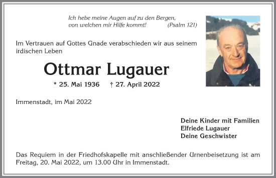 Traueranzeige von Ottmar Lugauer von Allgäuer Anzeigeblatt
