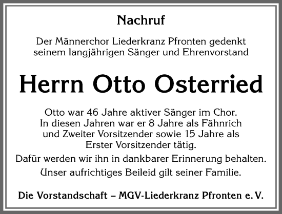 Traueranzeige von Otto Osterried von Allgäuer Zeitung, Füssen