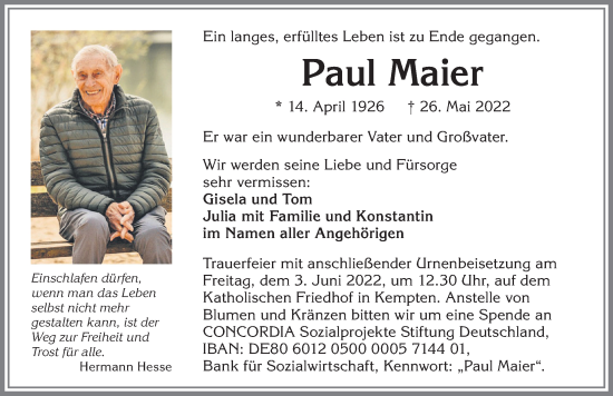 Traueranzeige von Paul Maier von Allgäuer Zeitung,Kempten
