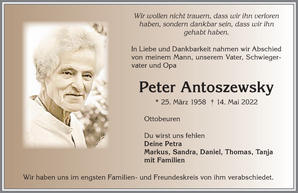  Traueranzeige für Peter Antoszewsky vom 28.05.2022 aus Memminger Zeitung