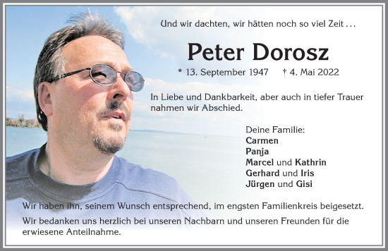 Traueranzeige von Peter Dorosz von Allgäuer Zeitung, Marktoberdorf
