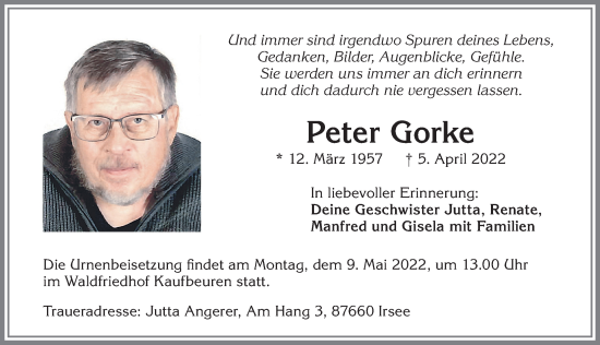 Traueranzeige von Peter Gorke von Allgäuer Zeitung, Kaufbeuren/Buchloe