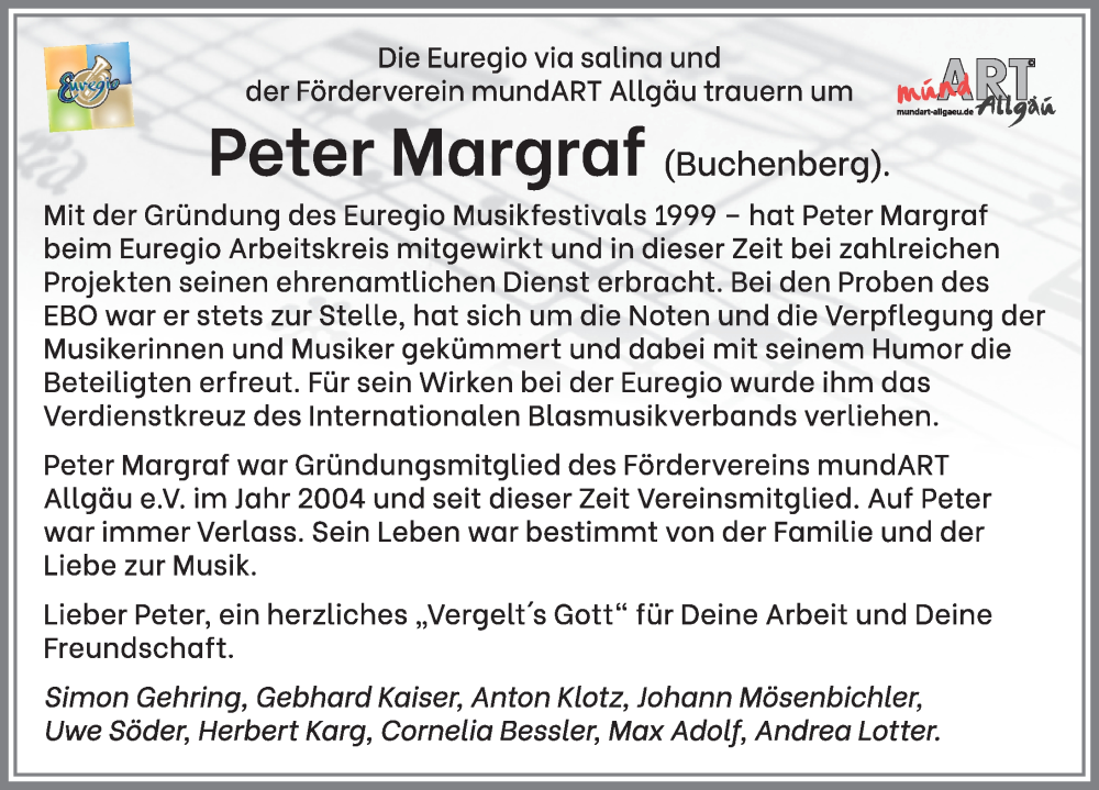  Traueranzeige für Peter Margraf vom 28.05.2022 aus Allgäuer Zeitung,Kempten