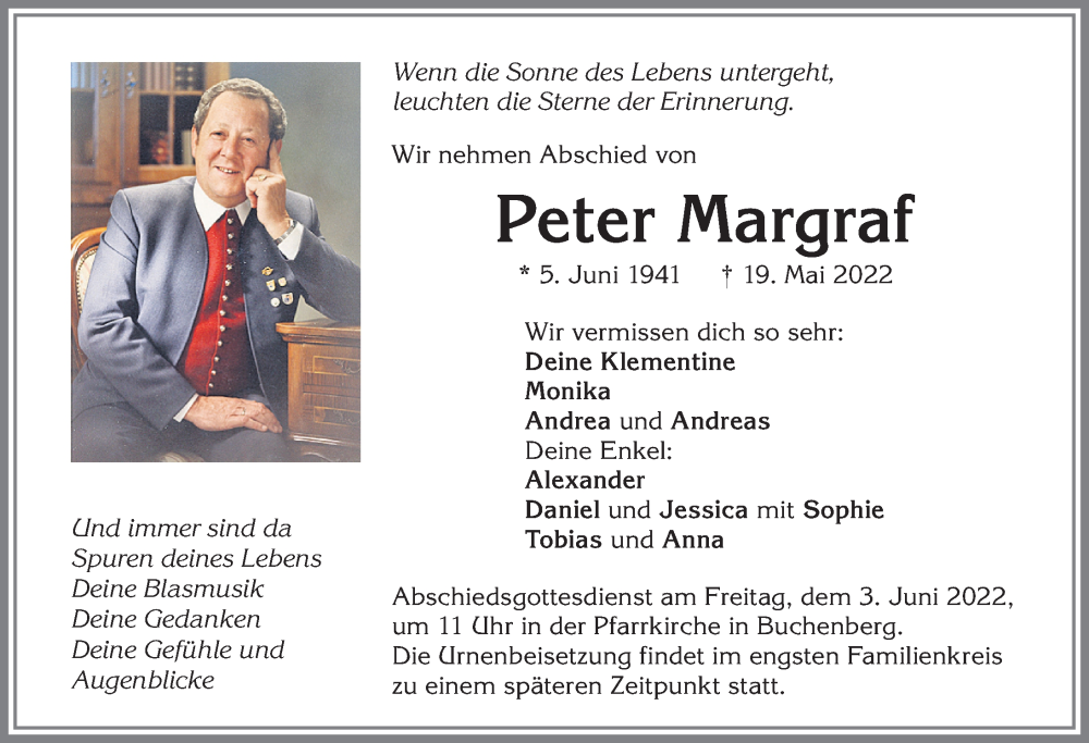  Traueranzeige für Peter Margraf vom 28.05.2022 aus Allgäuer Zeitung,Kempten