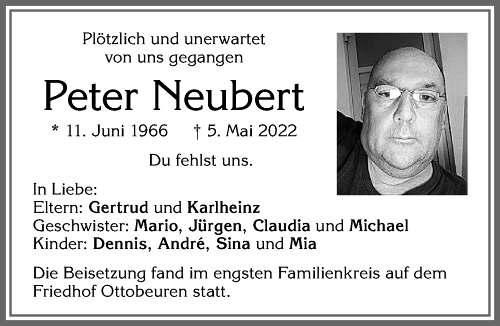  Traueranzeige für Peter Neubert vom 14.05.2022 aus Memminger Zeitung