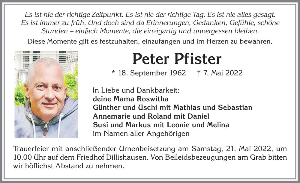  Traueranzeige für Peter Pfister vom 14.05.2022 aus Allgäuer Zeitung