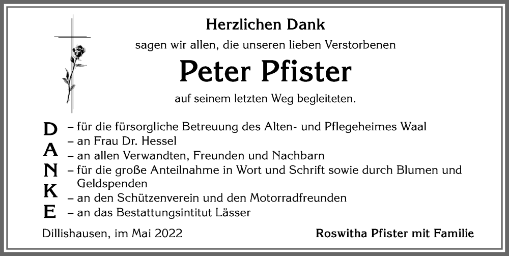  Traueranzeige für Peter Pfister vom 31.05.2022 aus Allgäuer Zeitung, Kaufbeuren/Buchloe
