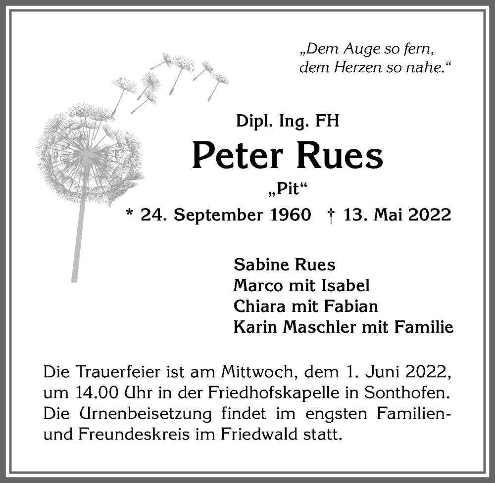  Traueranzeige für Peter Rues vom 24.05.2022 aus Allgäuer Anzeigeblatt