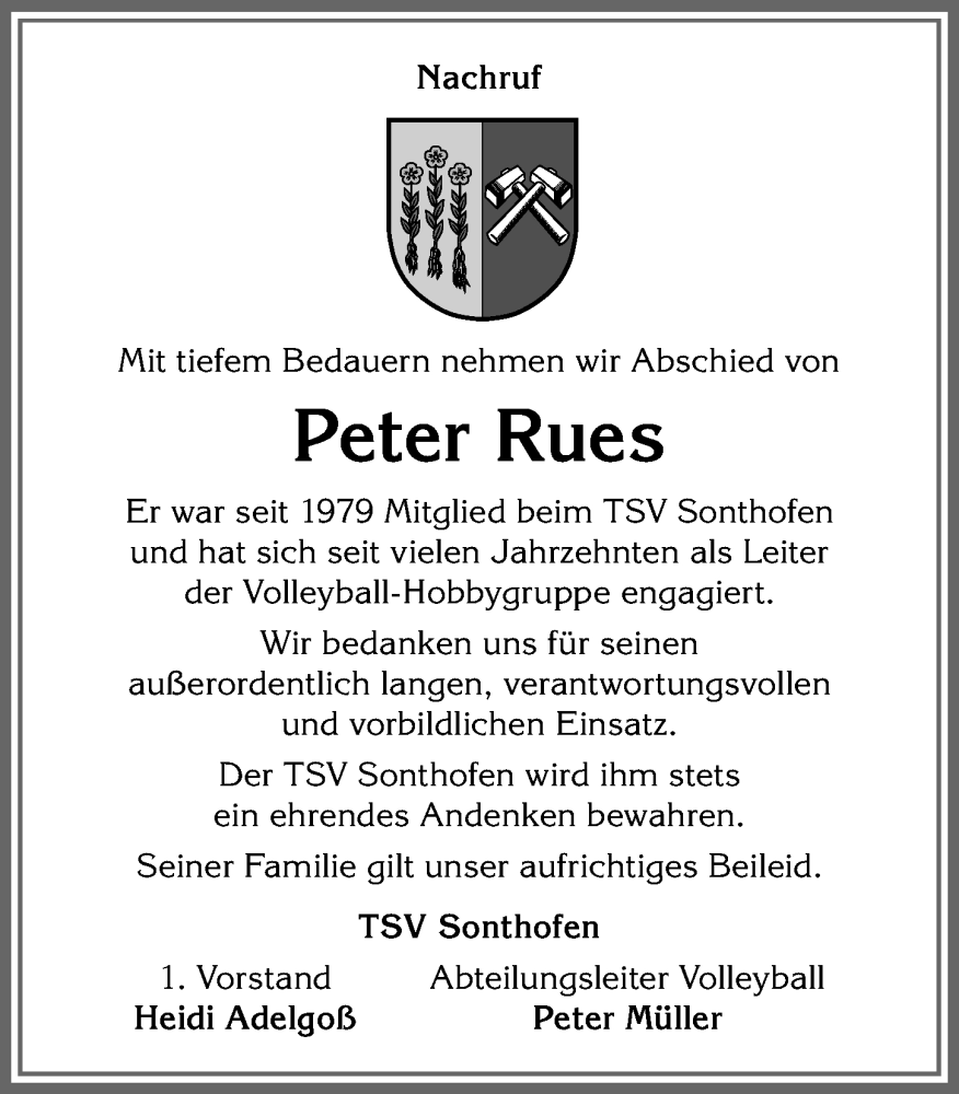  Traueranzeige für Peter Rues vom 27.05.2022 aus Allgäuer Anzeigeblatt