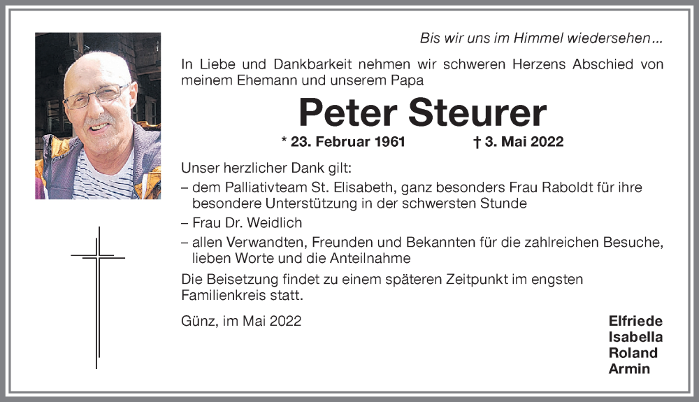  Traueranzeige für Peter Steurer vom 10.05.2022 aus Memminger Zeitung
