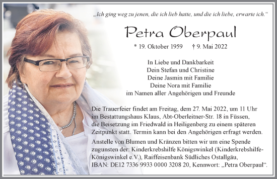 Traueranzeige von Petra Oberpaul von Allgäuer Zeitung, Füssen