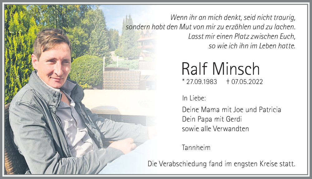  Traueranzeige für Ralf Minsch vom 14.05.2022 aus Memminger Zeitung