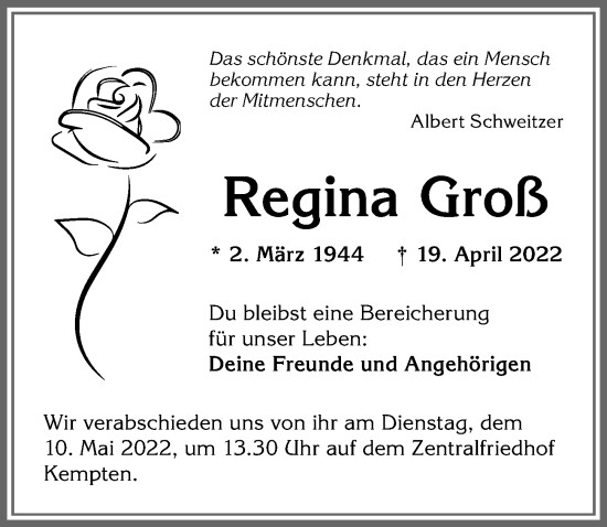 Traueranzeige von Regina Groß von Allgäuer Zeitung,Kempten