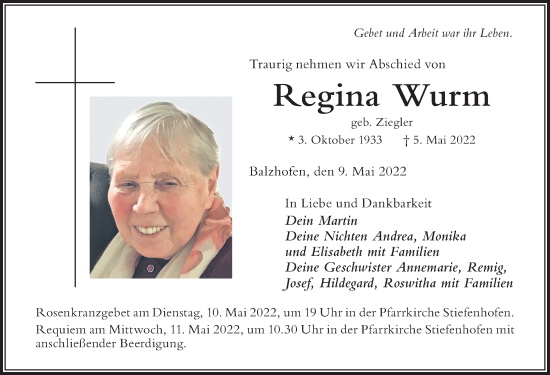 Traueranzeige von Regina Wurm von Der Westallgäuer