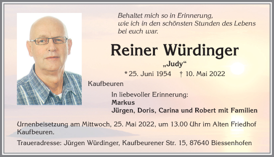Traueranzeige von Reiner Würdinger von Allgäuer Zeitung, Kaufbeuren/Buchloe