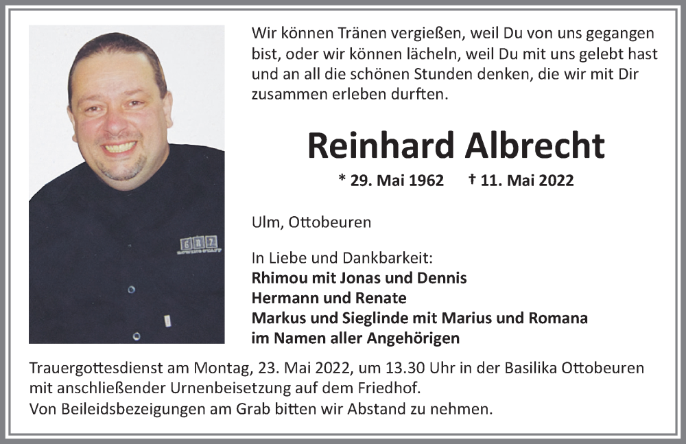 Traueranzeige für Reinhard Albrecht vom 19.05.2022 aus Memminger Zeitung