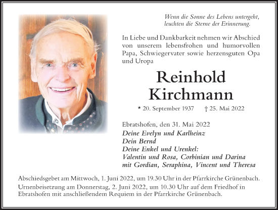 Traueranzeige von Reinhold Kirchmann von Der Westallgäuer