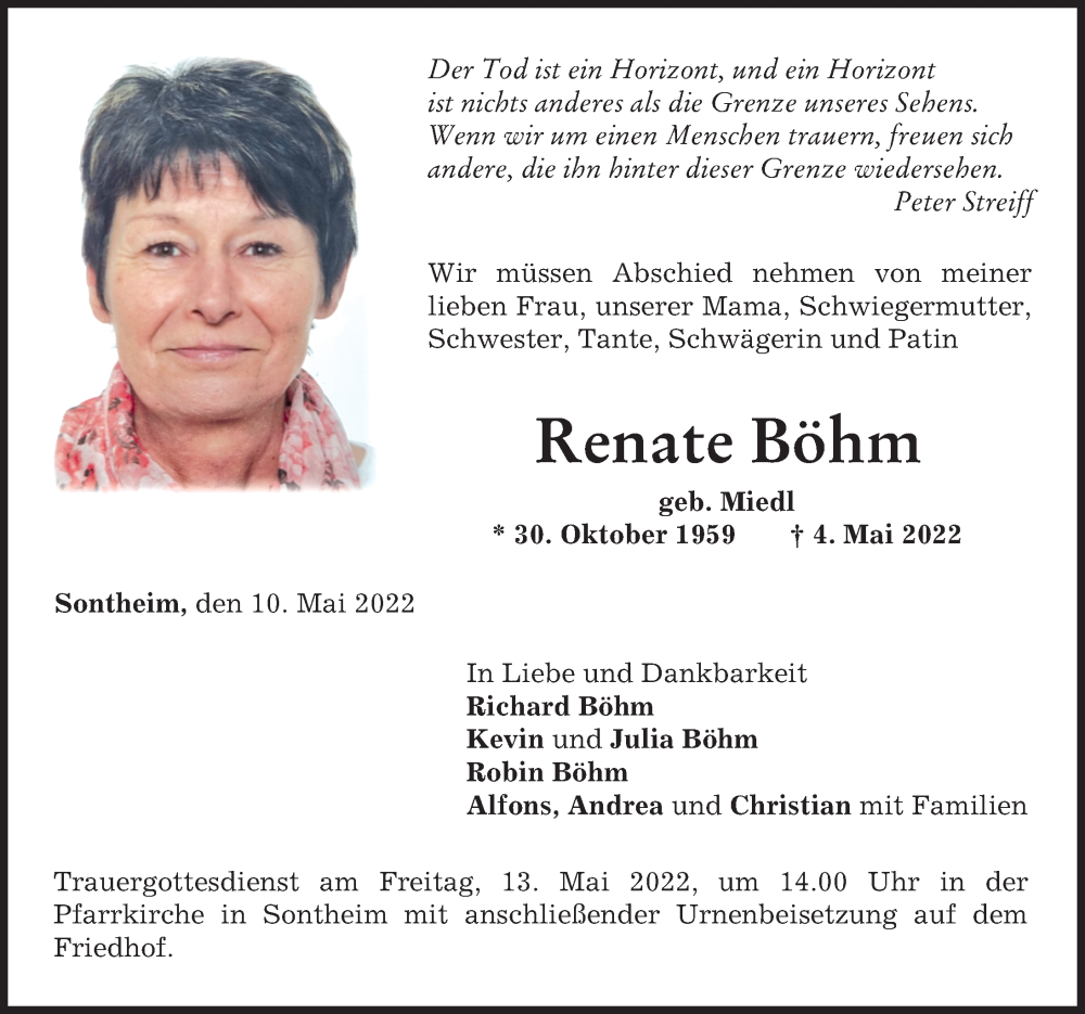  Traueranzeige für Renate Böhm vom 10.05.2022 aus Memminger Zeitung