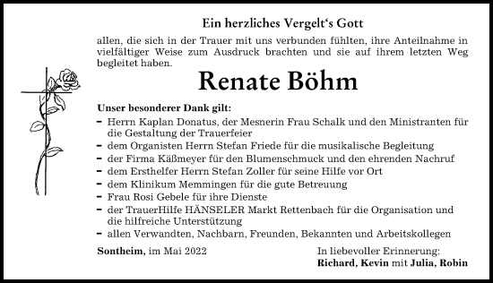 Traueranzeige von Renate Böhm von Memminger Zeitung