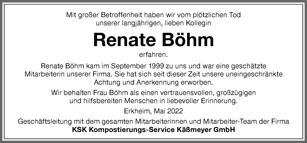  Traueranzeige für Renate Böhm vom 13.05.2022 aus Memminger Zeitung