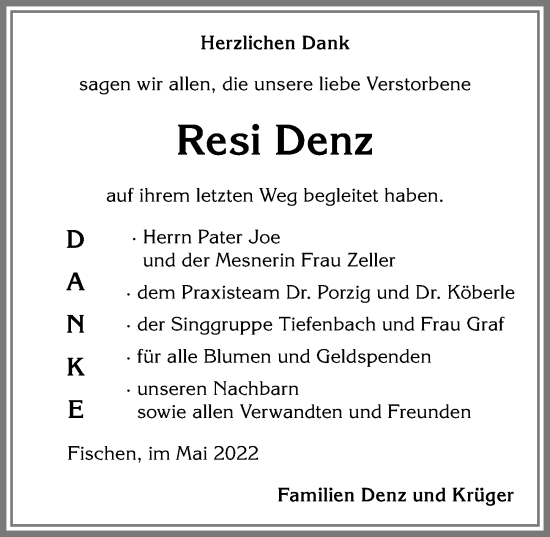 Traueranzeige von Resi Denz von Allgäuer Anzeigeblatt