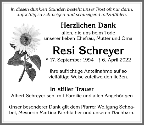 Traueranzeige von Resi Schreyer von Allgäuer Zeitung, Marktoberdorf