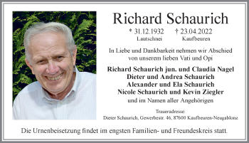 Traueranzeige von Richard Schaurich von Allgäuer Zeitung, Kaufbeuren/Buchloe