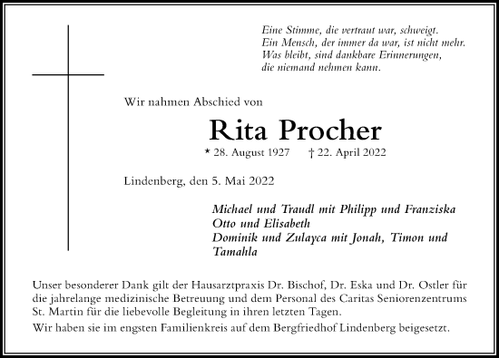 Traueranzeige von Rita Procher von Der Westallgäuer