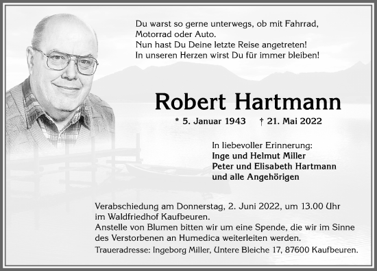 Traueranzeige von Robert Hartmann von Allgäuer Zeitung, Kaufbeuren/Buchloe
