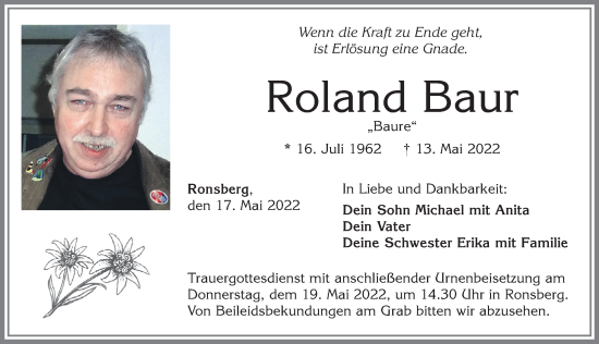 Traueranzeige von Roland Baur von Allgäuer Zeitung,Kempten