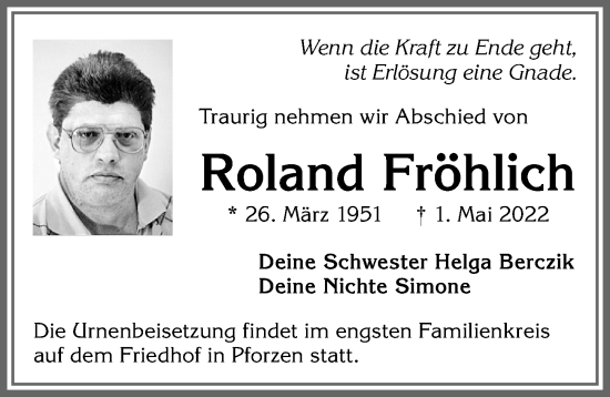 Traueranzeige von Roland Fröhlich von Allgäuer Zeitung, Kaufbeuren/Buchloe