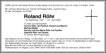 Traueranzeige von Roland Röhr von Memminger Zeitung
