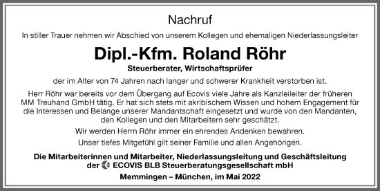 Traueranzeige von Roland Röhr von Memminger Zeitung