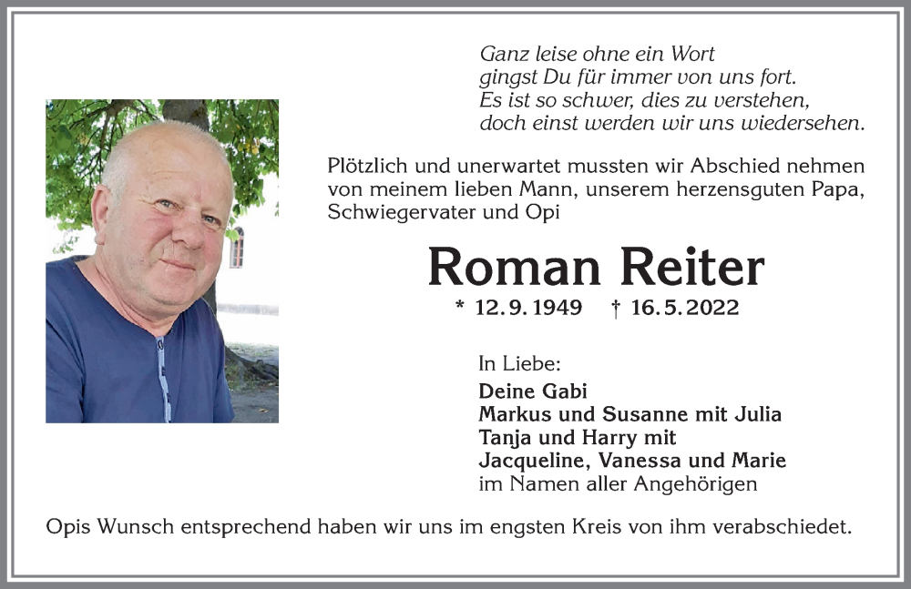  Traueranzeige für Roman Reiter vom 21.05.2022 aus Allgäuer Zeitung,Kempten