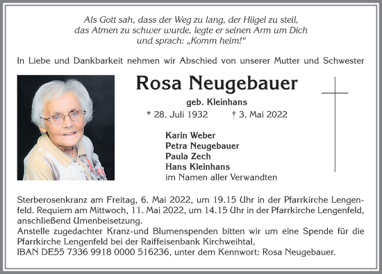 Traueranzeige von Rosa Neugebauer von Allgäuer Zeitung, Kaufbeuren/Buchloe