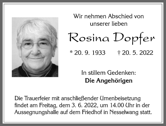 Traueranzeige von Rosina Dopfer von Memminger Zeitung