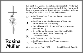 Traueranzeige von Rosina Müller von Allgäuer Zeitung, Kaufbeuren/Buchloe