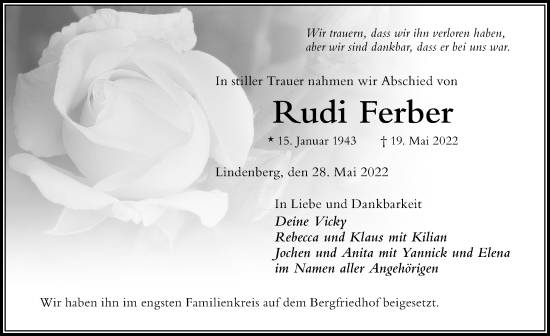 Traueranzeige von Rudi Ferber von Der Westallgäuer