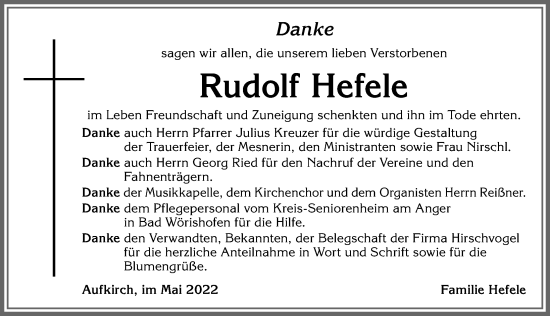 Traueranzeige von Rudolf Hefele von Allgäuer Zeitung, Kaufbeuren/Buchloe