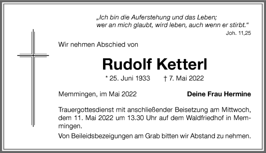 Traueranzeige von Rudolf Ketterl von Memminger Zeitung