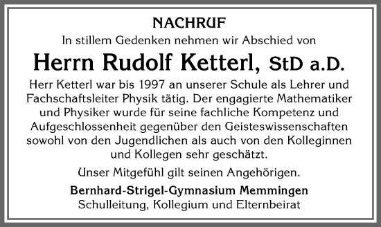 Traueranzeige von Rudolf Ketterl von Memminger Zeitung