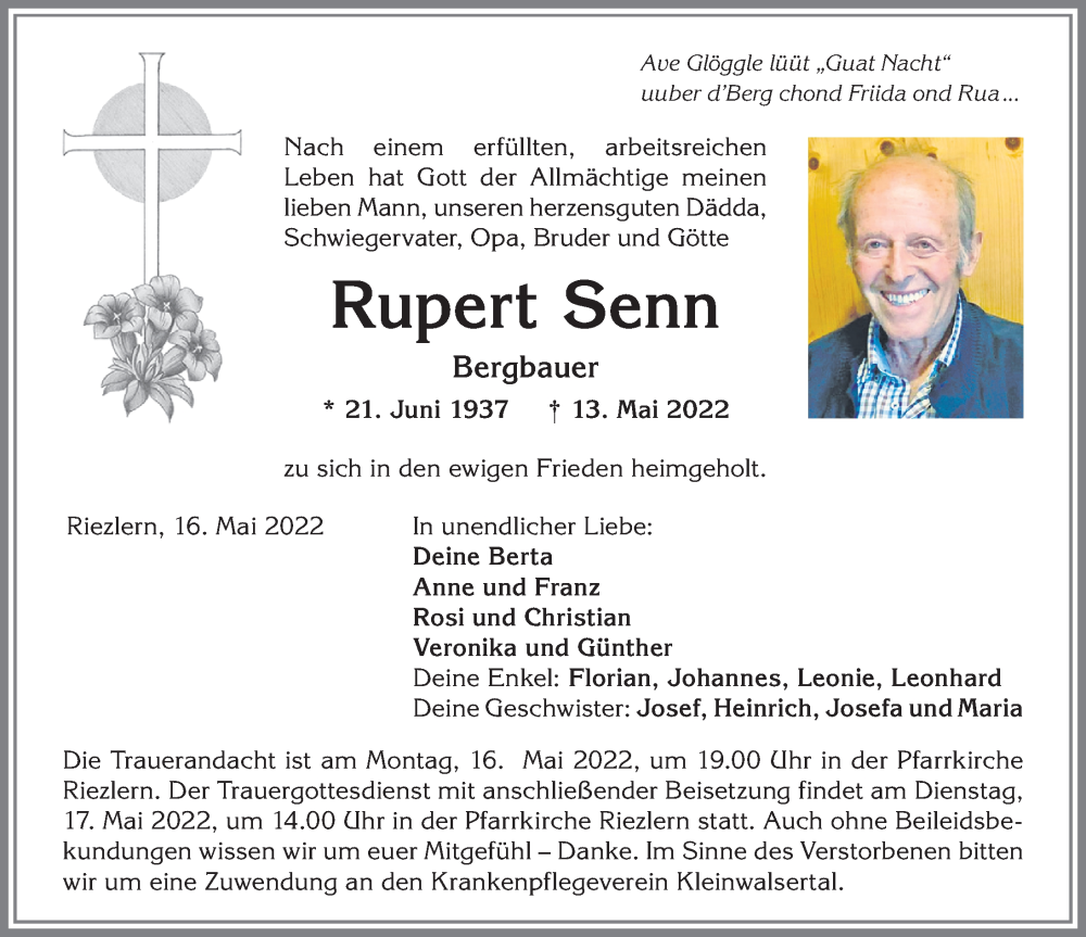  Traueranzeige für Rupert Senn vom 16.05.2022 aus Allgäuer Anzeigeblatt